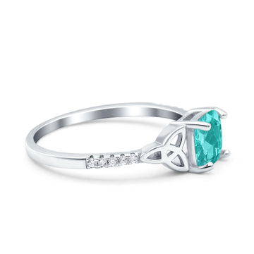 Cushion Cut Celtic Art Deco Wedding Engagement Bridal Ring Round Simulated Paraiba Tourmaline CZ 925 Sterling Silver